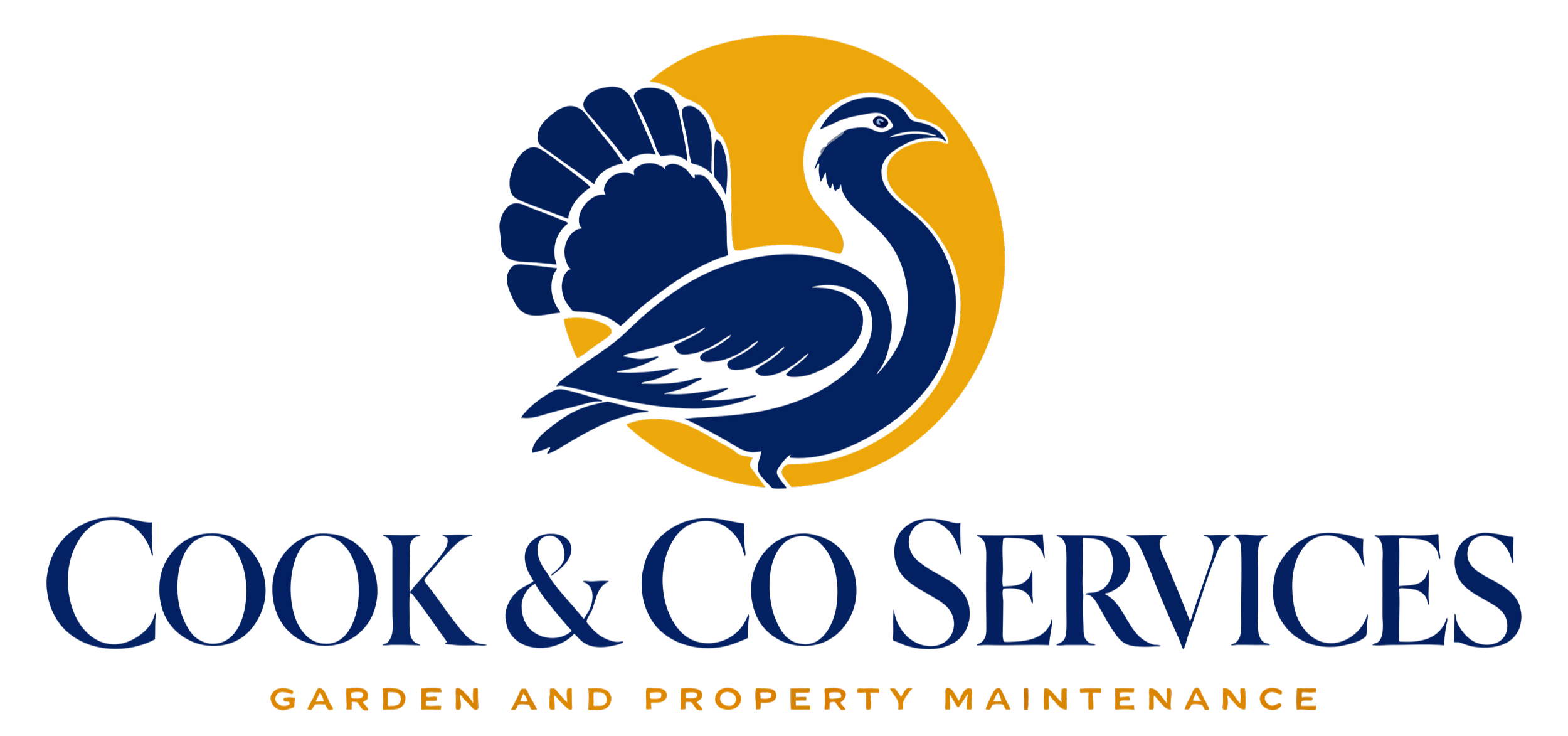 Logo for Cook & Co. Services, featuring a blue turkey in front of a yellow circle, with the text 'Cook & Co. Services' and the tagline 'Garden and Property Maintenance'.