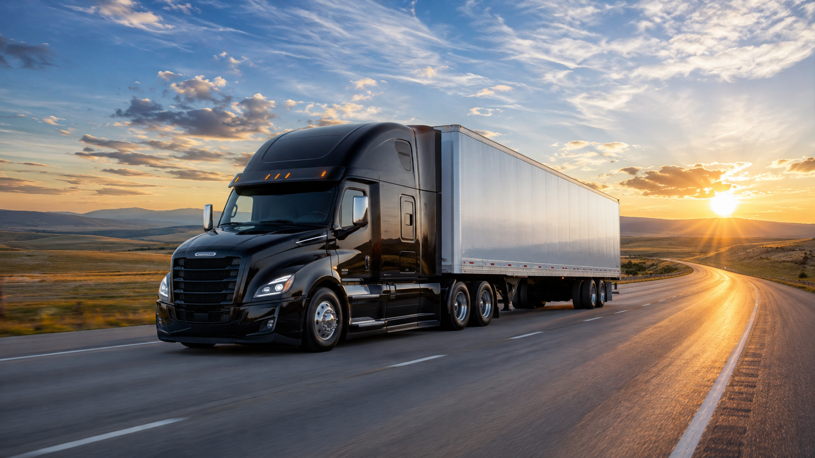 A black semi-truck driving on an open highway during sunset in a rural area with mountains in the background.