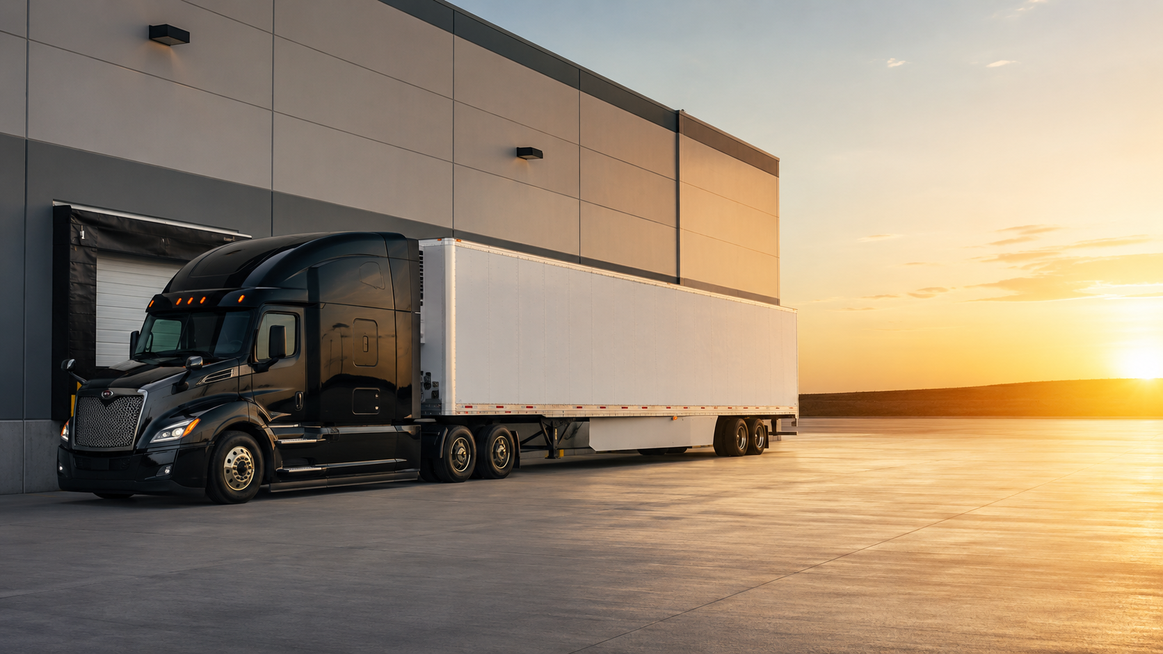 A large black semi-truck with a white trailer parked near a warehouse during sunset.
