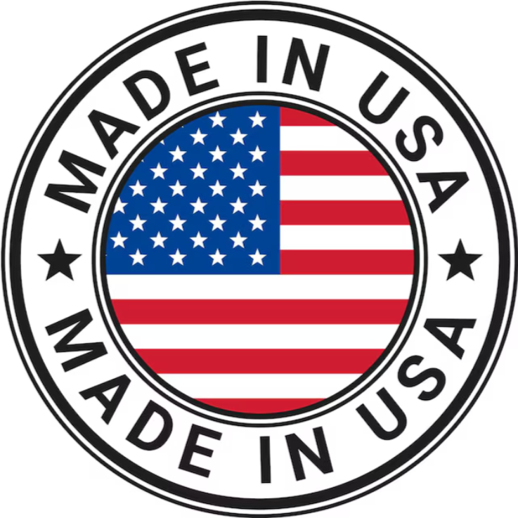 A circular badge with the American flag in the center and the text "Made in USA" written around it.