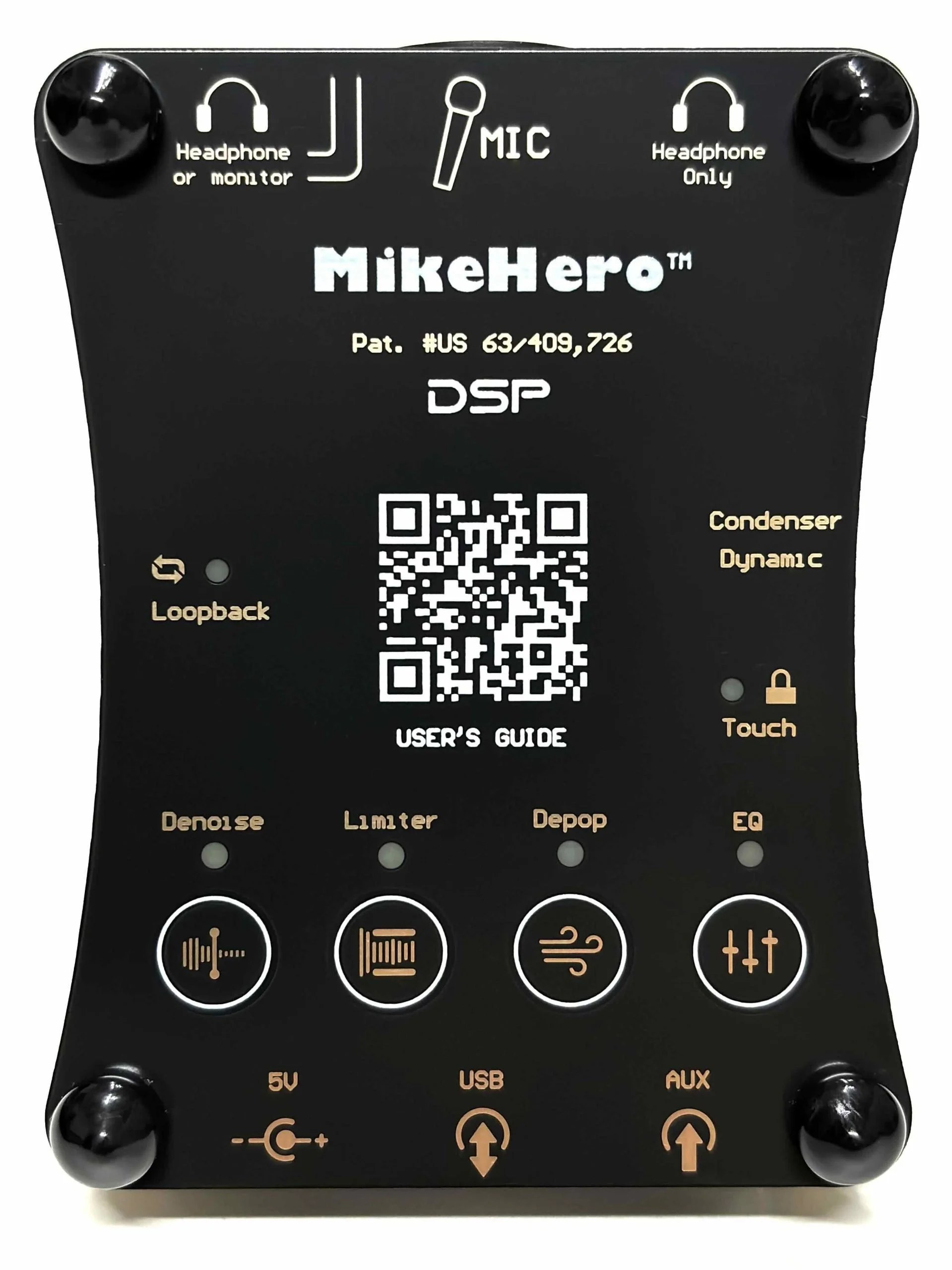 A black electronic guitar effects pedal with labeled controls and connections, including a microphone input, headphone outputs, and switches for various effects like Denoise, Limiter, Depop, and EQ.