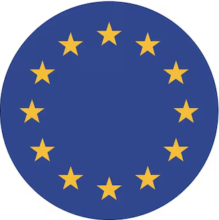 European Union flag with a blue background and 12 yellow stars arranged in a circle.