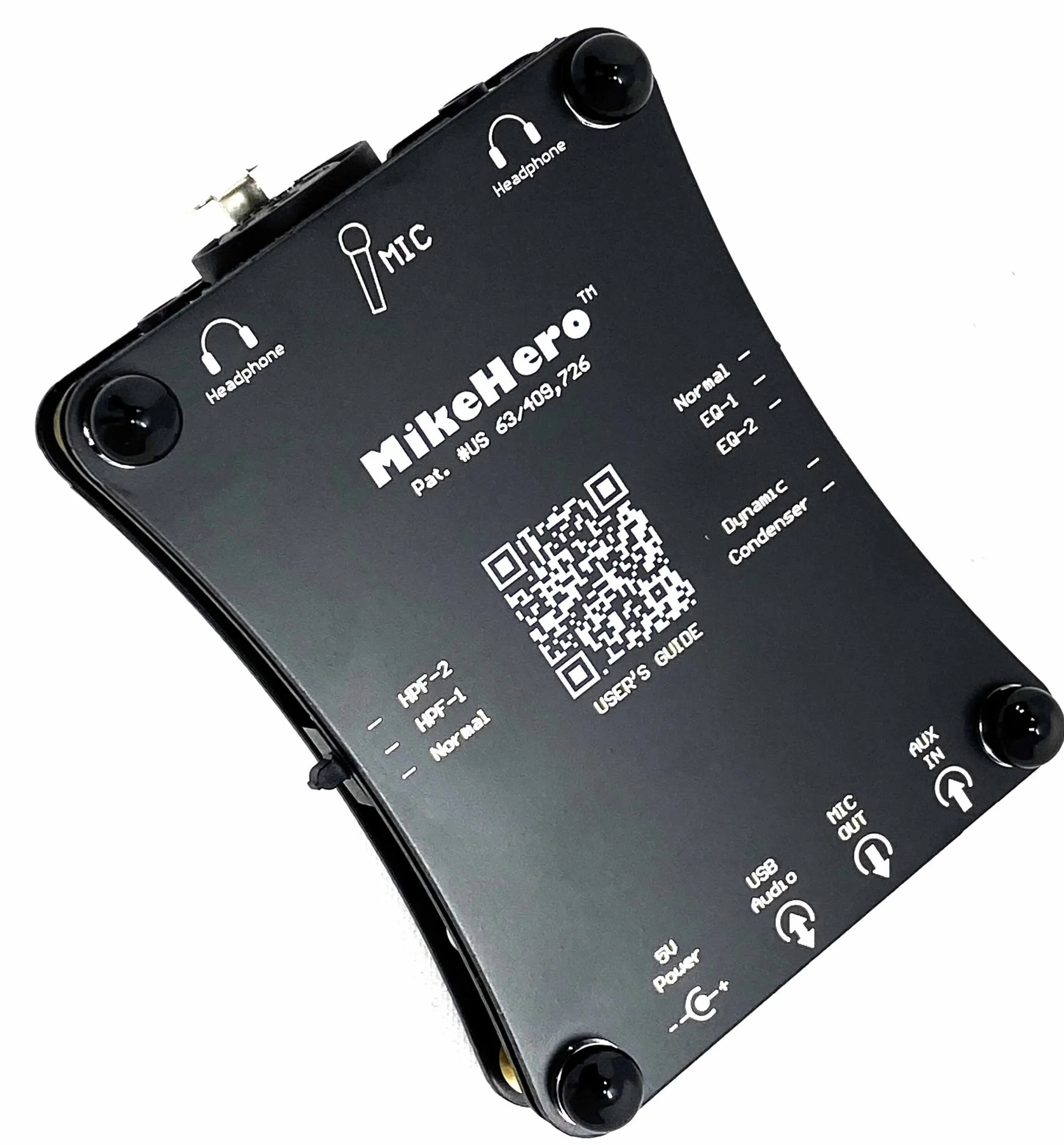Black electronic device with white text and icons, including headphone, microphone, and various control labels, featuring QR code and multiple ports.