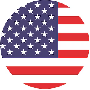 Stylized American flag in a circular shape with stars and stripes.