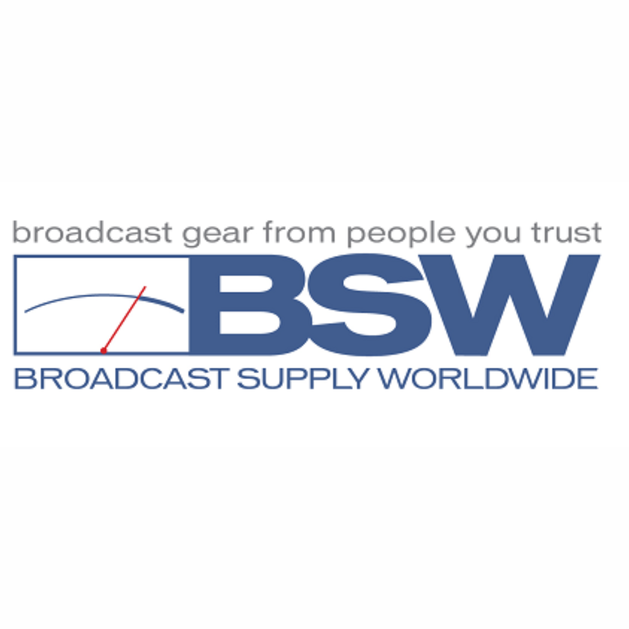 Close-up of a logo that reads 'RSW' with the tagline 'broadcast supply worldwide' beneath it, featuring a stylized red and blue graphic element.