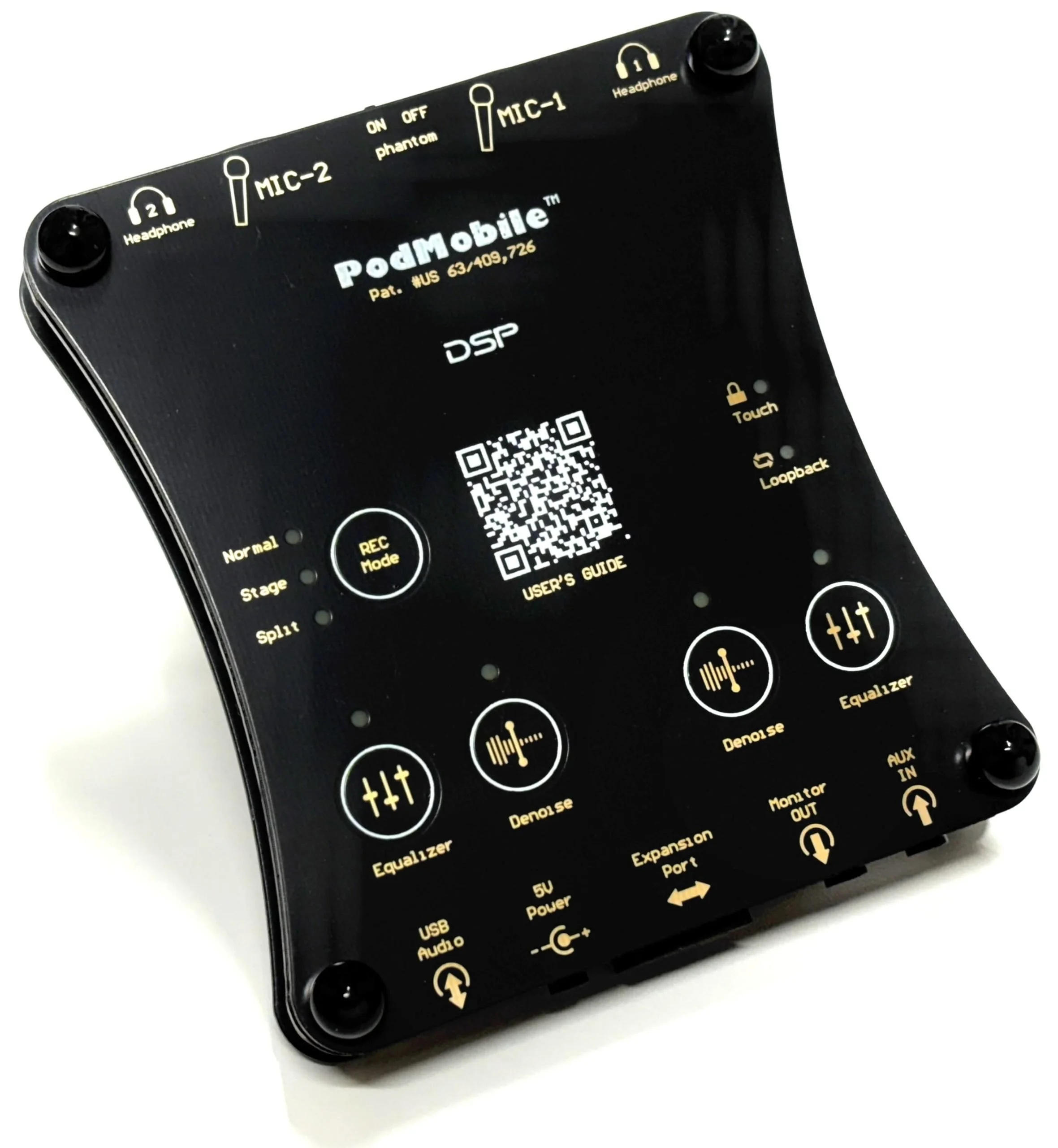 Close-up of a black PodMOBILE audio device with labeled ports and controls, including headphone jacks, microphone inputs, volume sliders, and various connectors, with gold text on a white background.