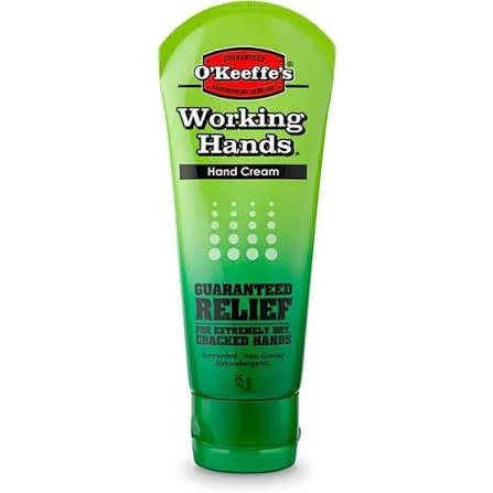A tube of O'Keeffe's Working Hands Hand Cream in a green container with black, white, and red text.