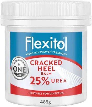 A container of Flexitol cracked heel balm with 25% Urea, suitable for diabetics, weighing 485 grams.