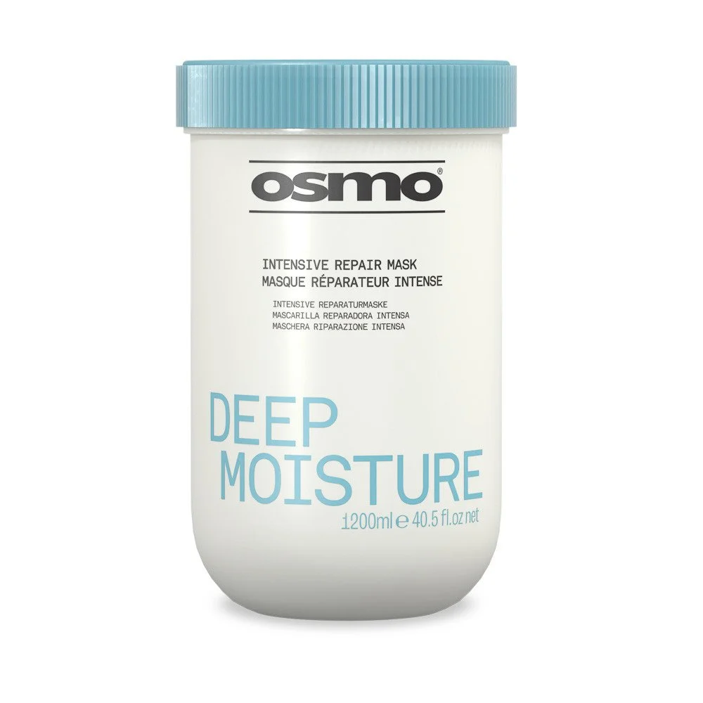 A container of Osmo Deep Moisture Intensive Repair Mask, a hair treatment product, with a light blue lid and white body, displaying product details in black and blue text.