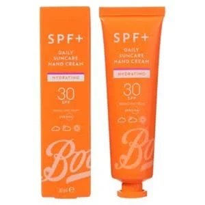Two tubes of SPF+ Daily Sunscreen Hand Cream in orange packaging, displaying SPF 30, moisturizing label, and brand logo.