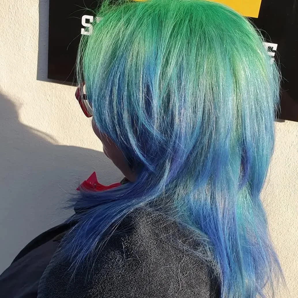 Back view of a person with long, wavy hair dyed in rainbow colors including green, blue, and purple.