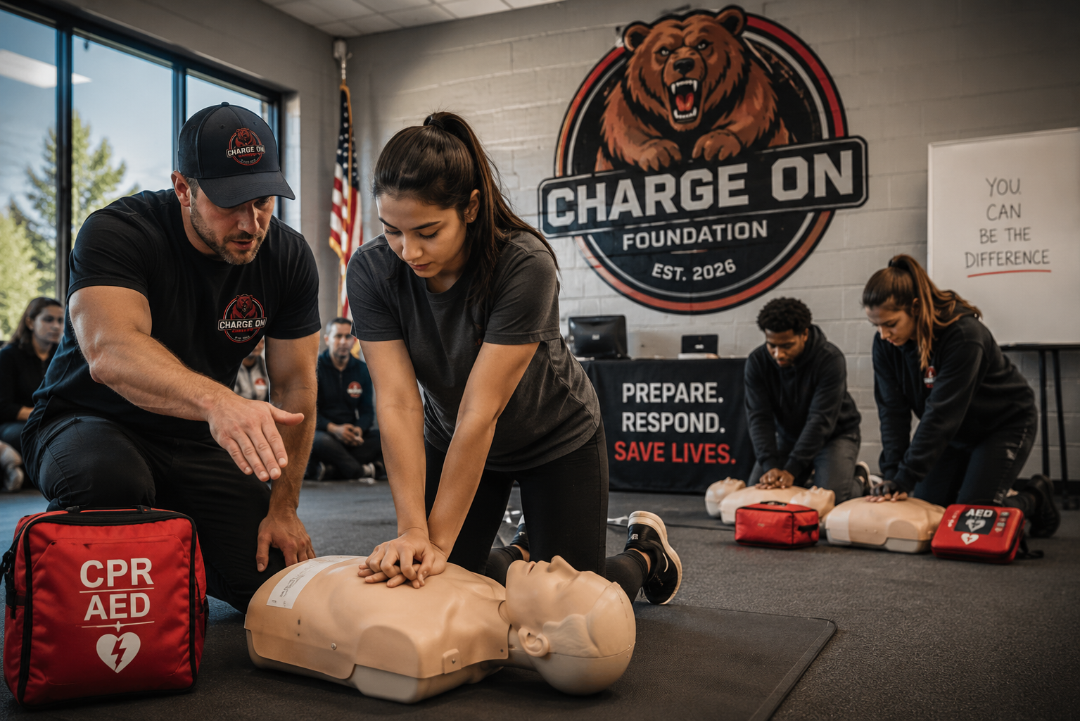 Instructor demonstrating CPR chest compressions during a Charge On Foundation training program.