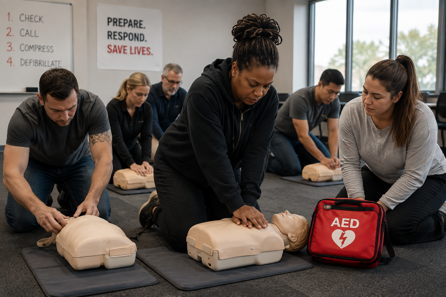 Participants practicing CPR and AED skills during a hands-on training program.