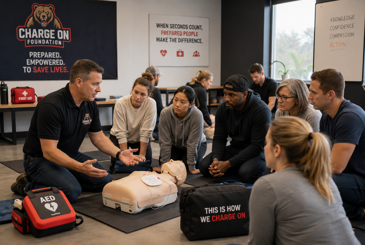Instructor demonstrating CPR skills for participants during a Charge On Foundation class.