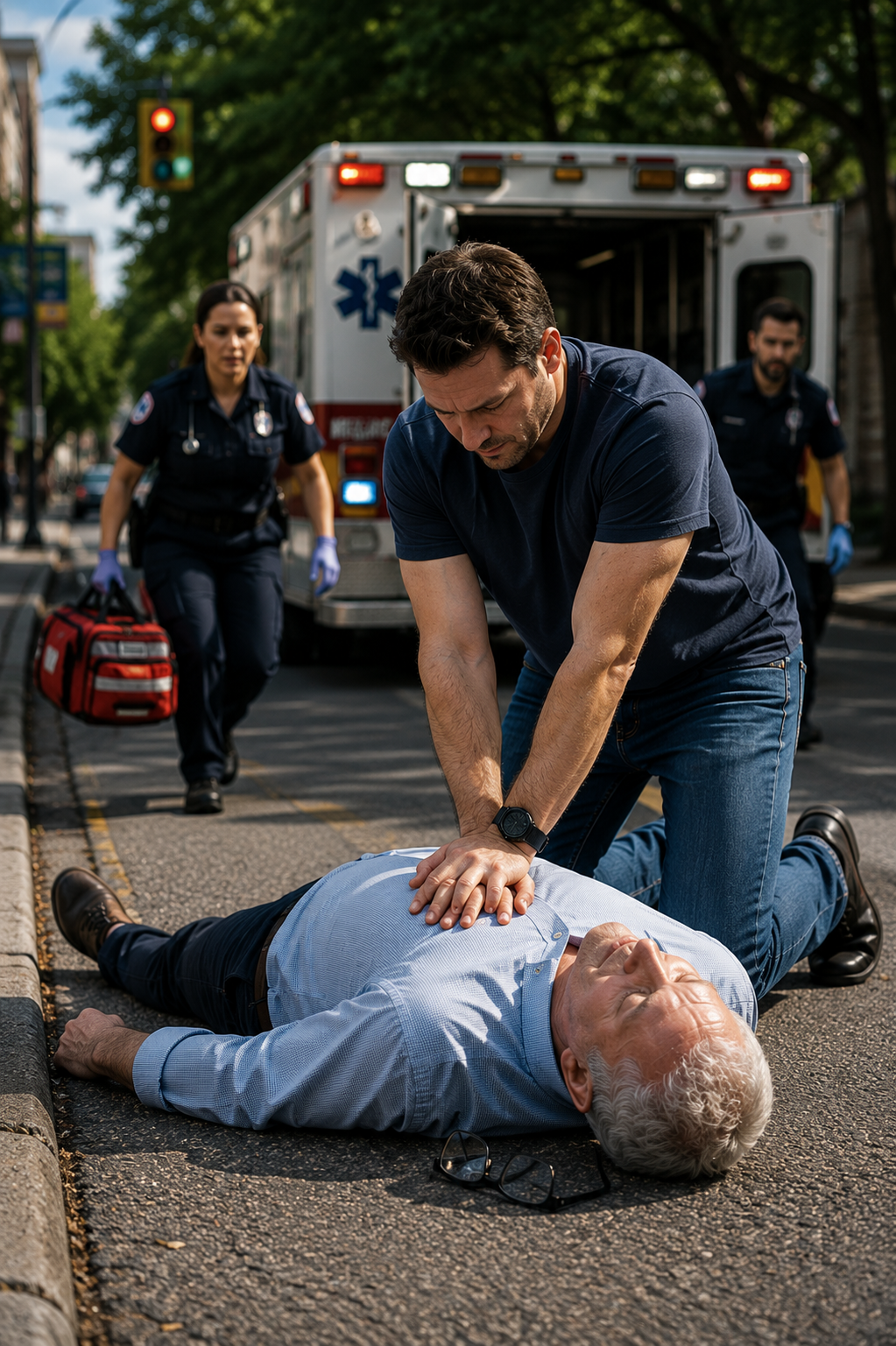 Bystander performing CPR during a community cardiac-emergency response.