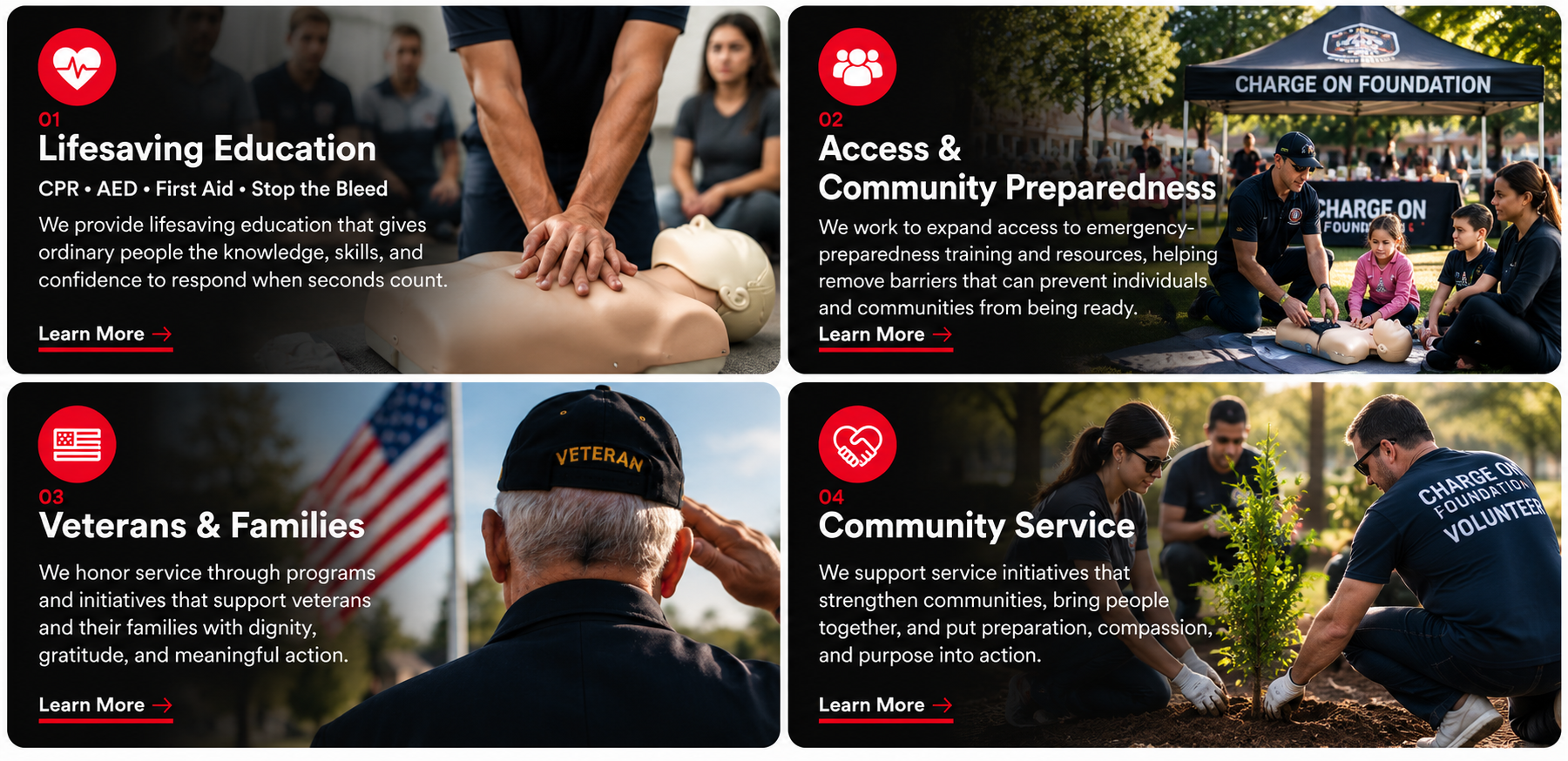 Charge On Foundation programs supporting lifesaving education, community preparedness, veterans, and community service.