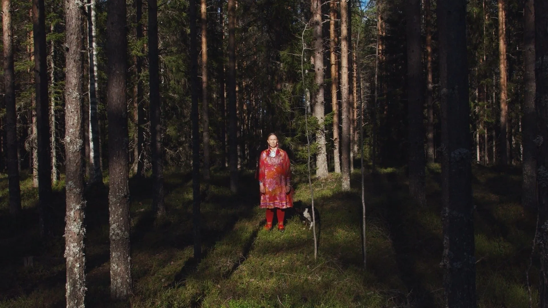 A woman in traditional attire standing in a forest with a dog at her side.