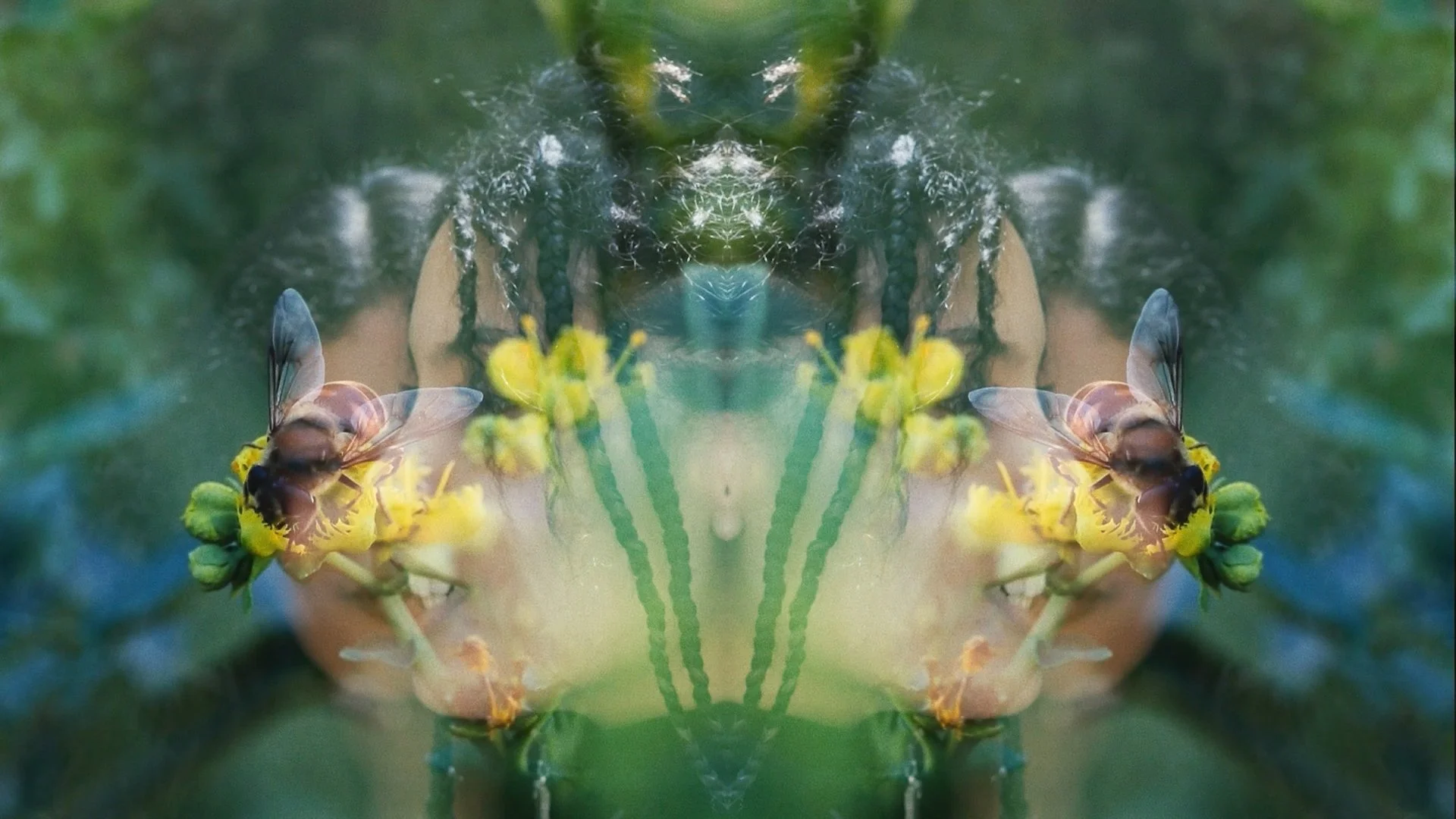 A symmetrical image showing a bee collecting nectar from yellow flowers, with a blurred green background.