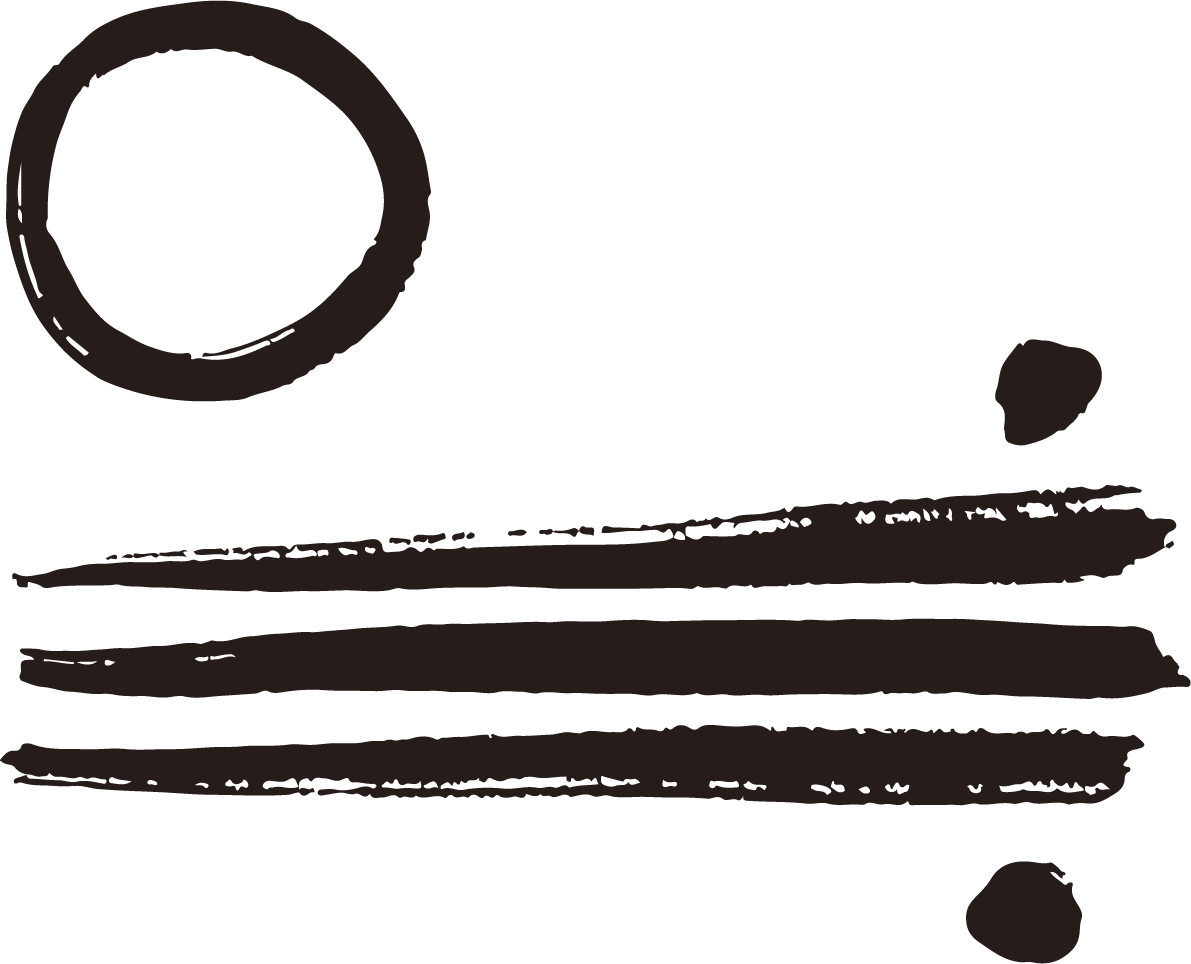 Stylized black and white abstract painting resembling an American flag with a circle in the top left corner and three horizontal lines with two small blobs on the right.