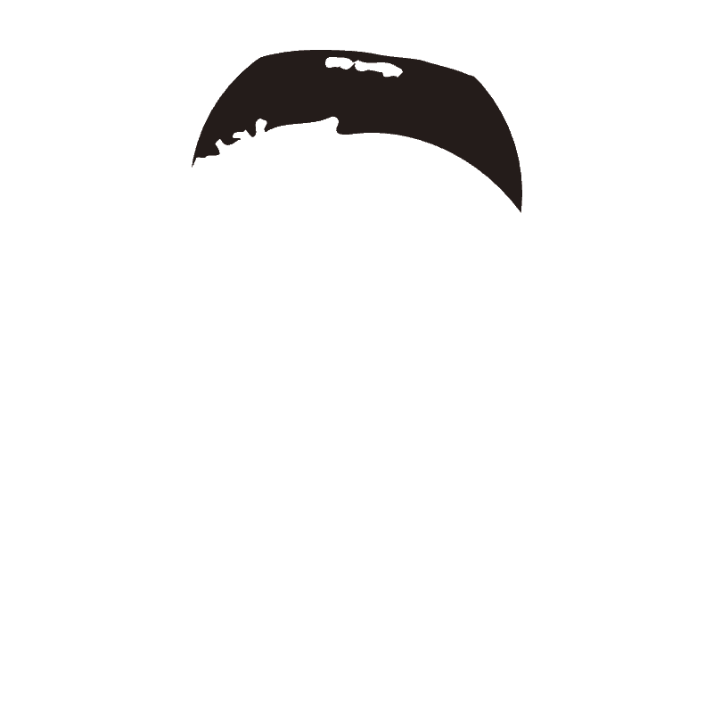 A black-and-white illustration of a person's face with a beard, wearing a hat and glasses, smiling.