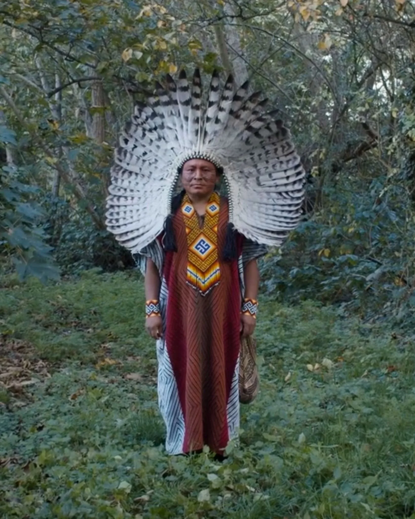 A Native American man wearing traditional clothing, including a large feathered headdress, standing outdoors in a wooded area.
