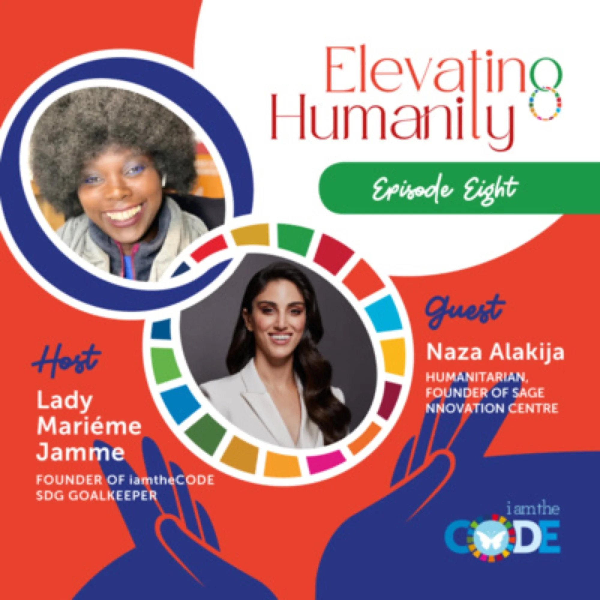 Cover of a book titled 'Elevating Humanity, Episode Eight' featuring a woman with curly hair and a bright smile, with colorful circular design elements around her.