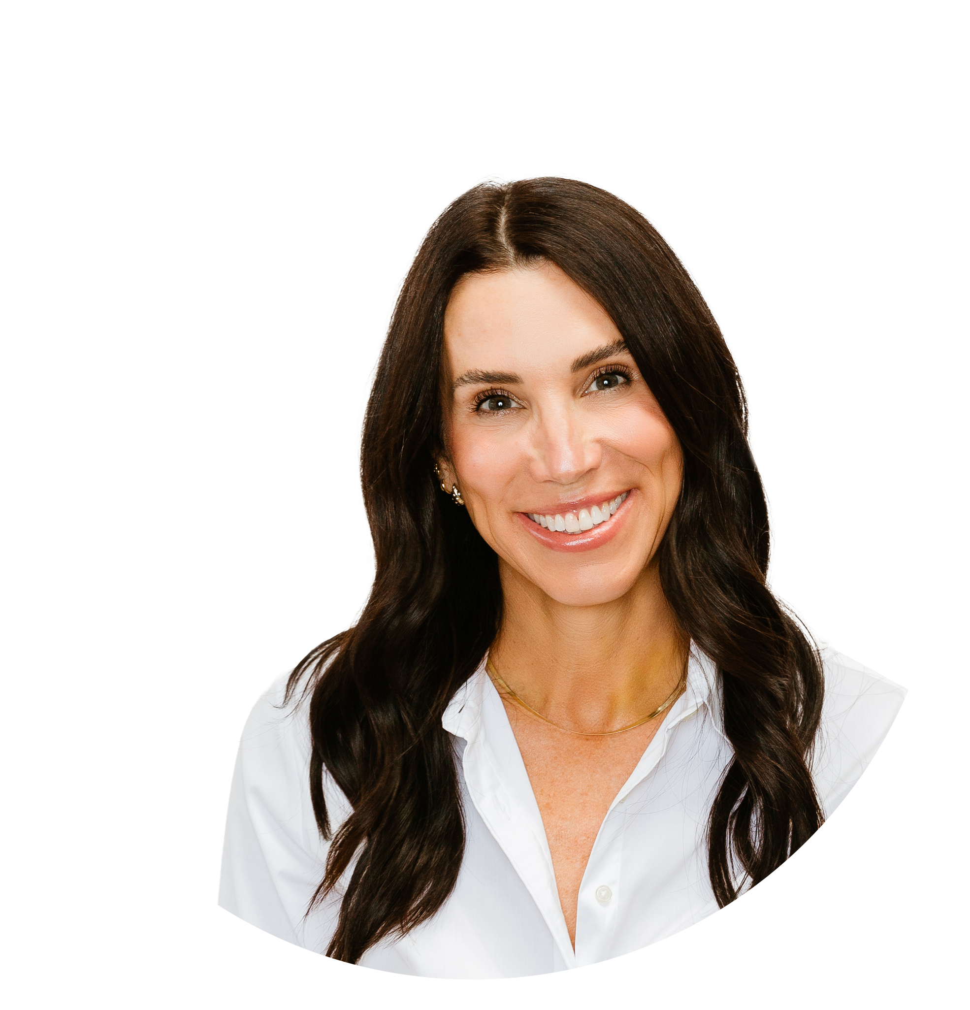 Close-up of a woman smiling, with long dark brown hair, wearing a white blouse, against a white background with abstract black and yellow accents.