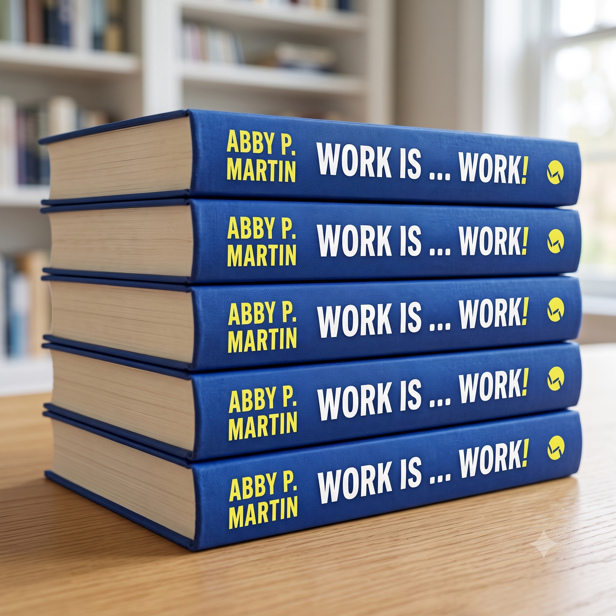 Two stacked hardcover books with blue covers, titled 'Work Is... Work!' by Abby P. Martin, placed on a wooden surface in a room with bookshelves in the background.