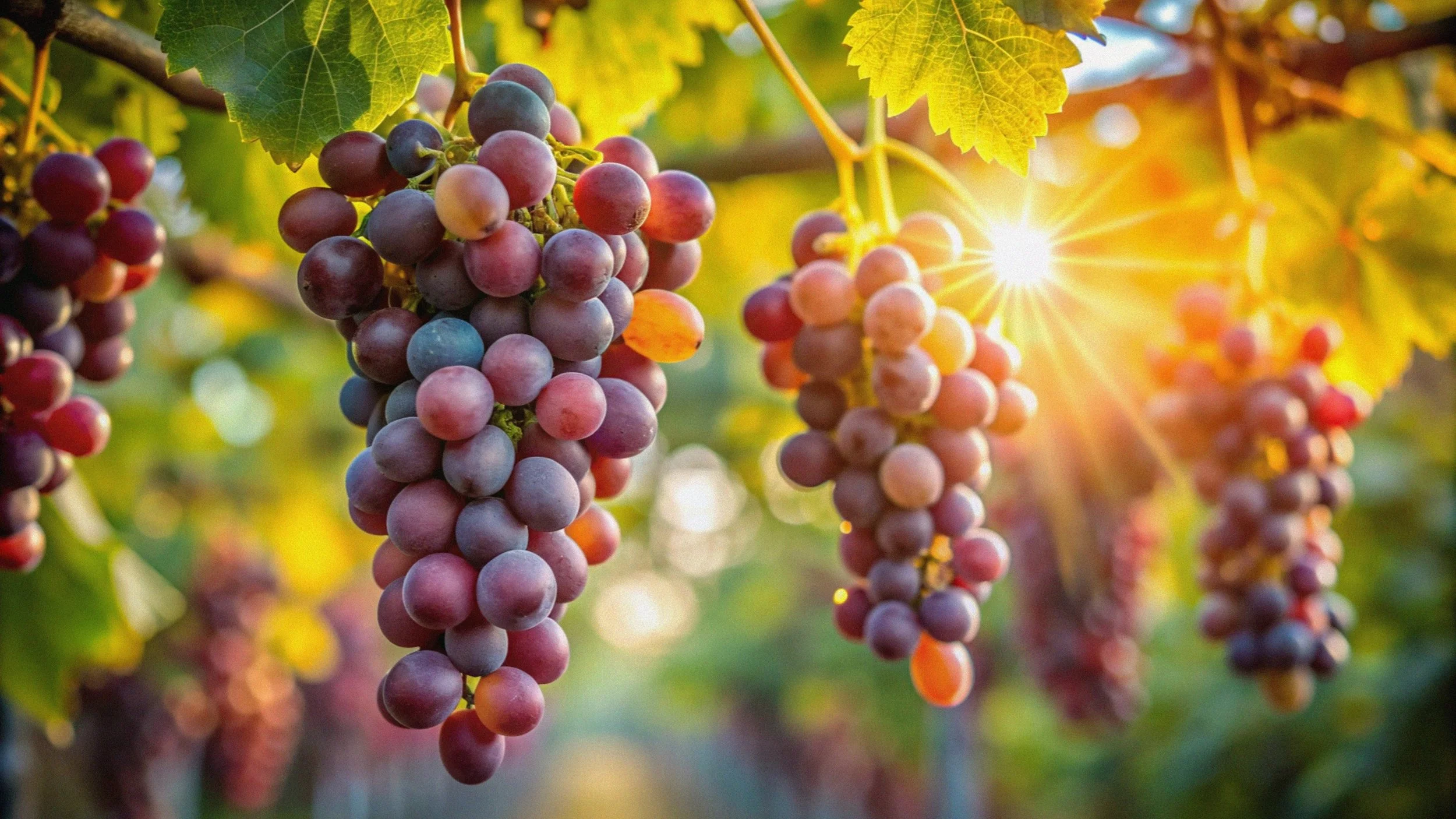 Clusters of wine and table grapes hanging from a vine with green leaves and sunlight in the background.