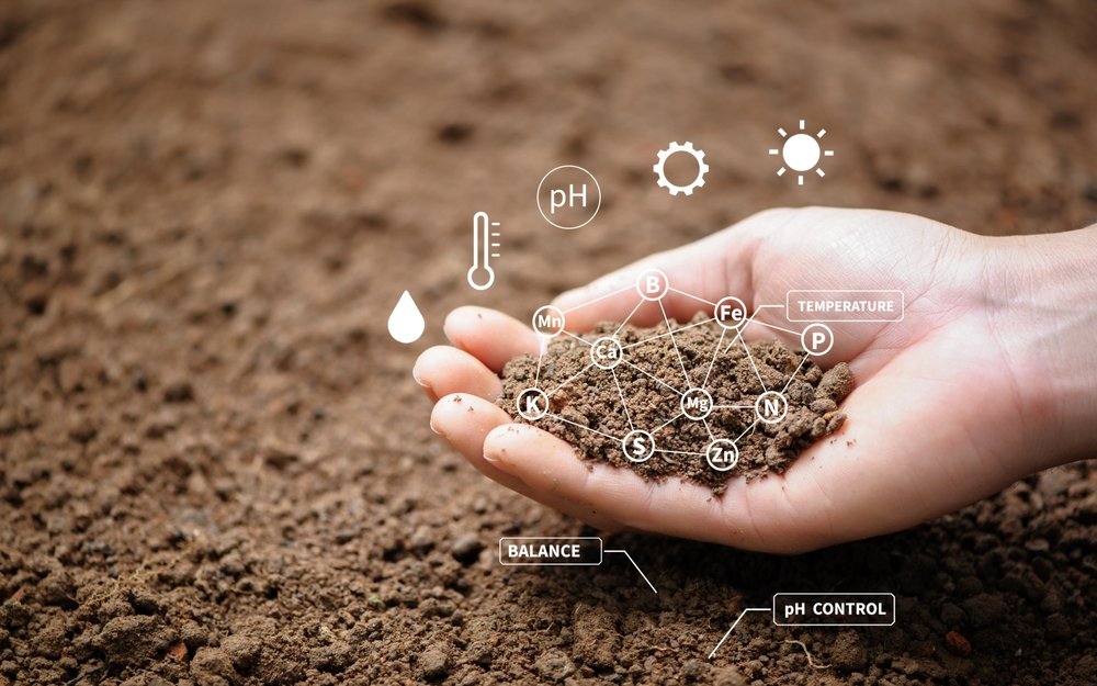 Close-up of a hand holding soil with digital icons and labels indicating soil composition and health, including elements like calcium, magnesium, potassium, nitrogen, phosphorus, and trace minerals, along with temperature, pH, and moisture indicators.