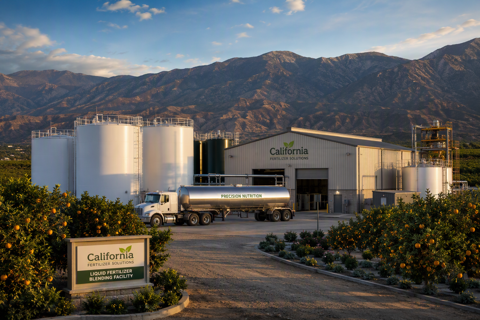 Fertilizer retail blending facility with large white tanks, a warehouse labeled California Fertilizer Solutions, and orange trees in the foreground, set against a mountainous landscape during sunset.
