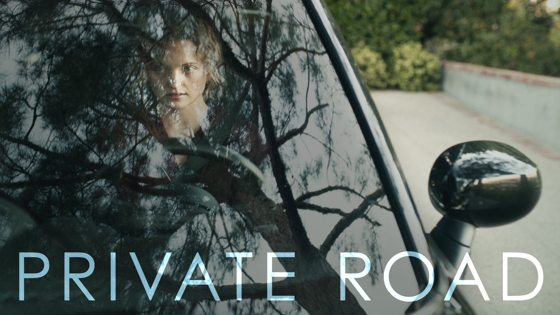 A woman with curly hair sitting in a classic car, seen through the windshield with reflections of trees, on a private road surrounded by greenery.