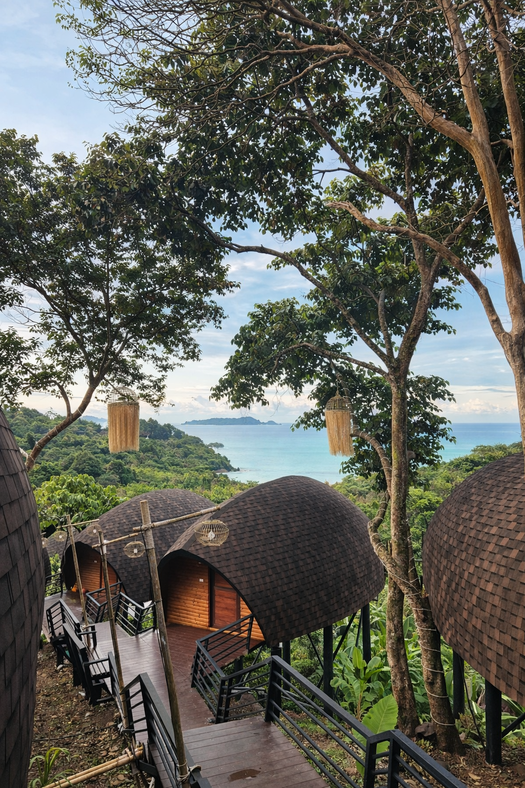 Rooftop view of huts with woven roofs amid lush tropical trees overlooking a distant shoreline with calm ocean and cloudy sky.