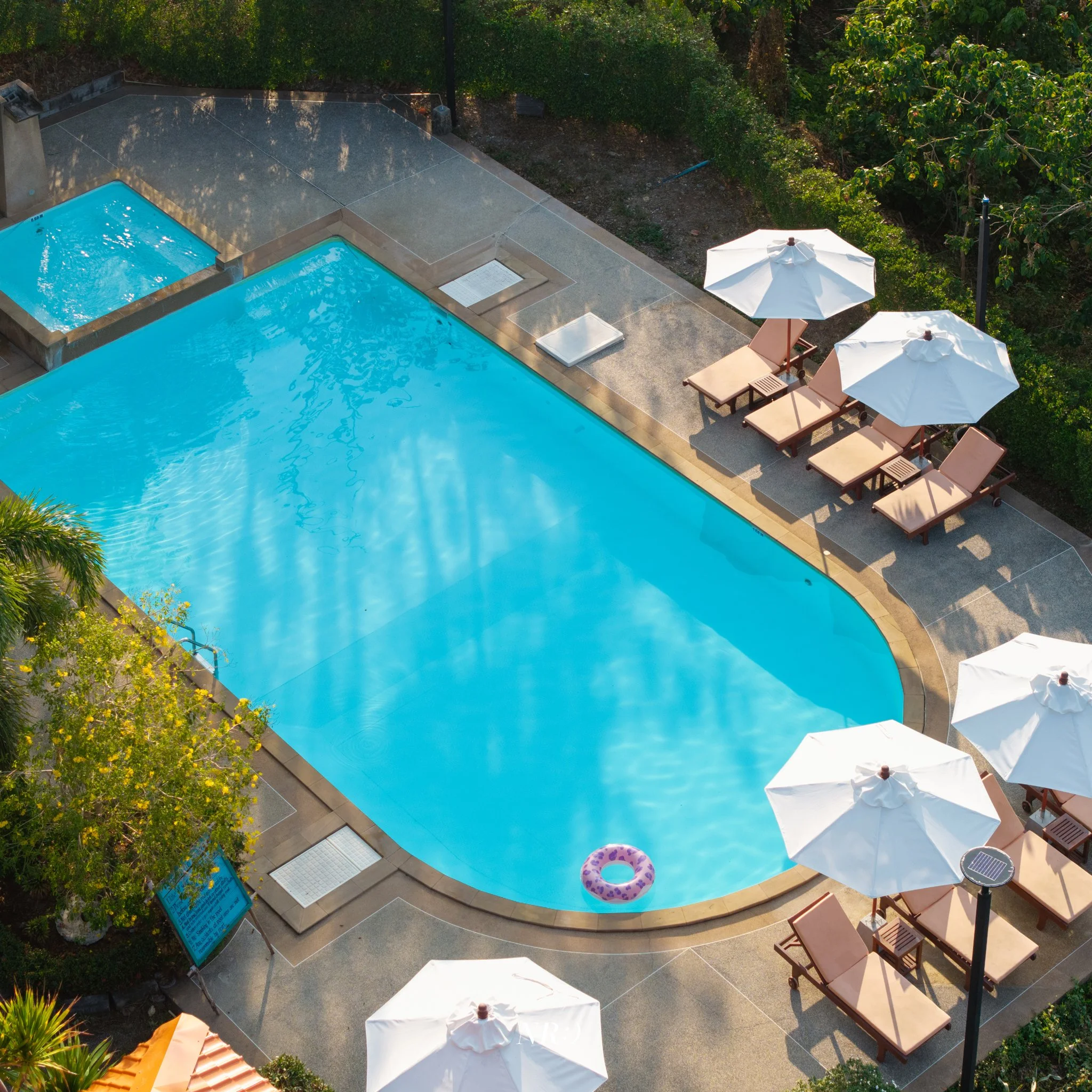 An aerial view of a swimming pool area with lounge chairs and umbrellas, surrounded by lush greenery.