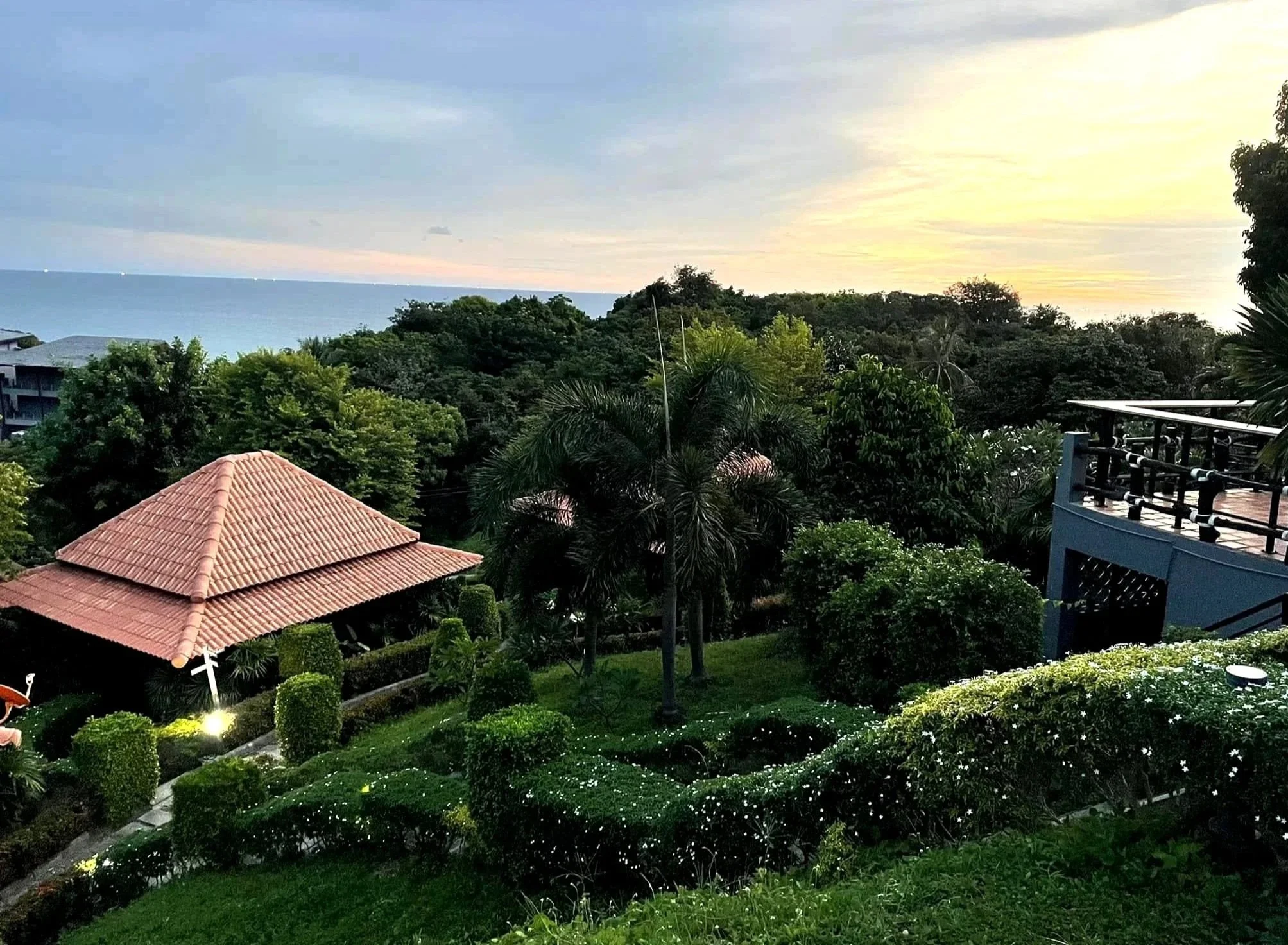 A lush, green garden with various trees and shrubs, including palm trees, with a view of the ocean and a cloudy sky at sunset in the background. A red-tiled roof is visible in the lower left corner, and a modern building with a balcony railing is on the right.