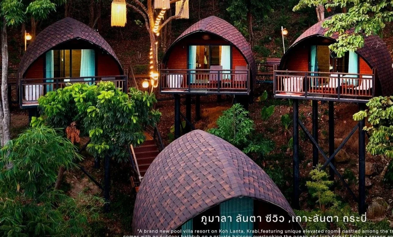 Elevated wooden bungalow-style cabins on stilts surrounded by lush green trees at a resort on Koh Lanta, Krabi, with string lights hanging between trees and a stairway leading up to the cabins.