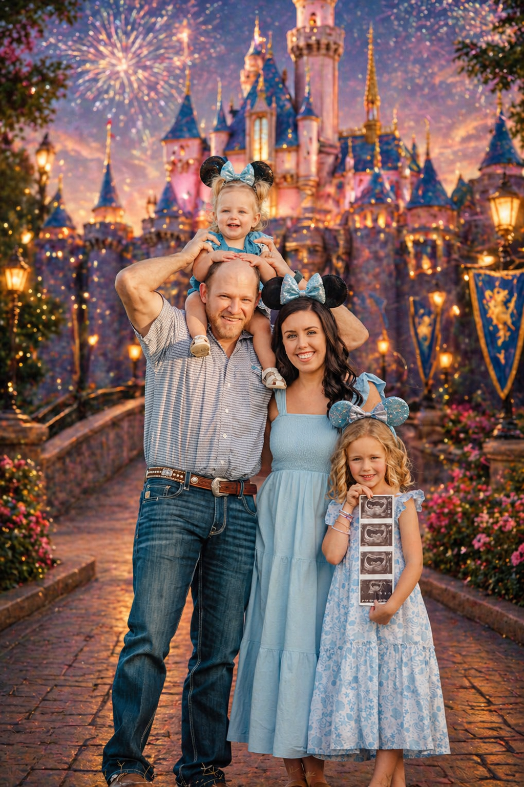 A family celebrating at Disneyland in front of Sleeping Beauty Castle, with fireworks in the sky. The father is carrying a young girl on his shoulders, both wearing Mickey Mouse ears. The mother stands beside him, smiling, and another young girl is holding ultrasound pictures. They are all dressed in blue, and the scene is festive and colorful.