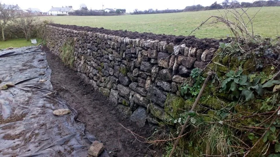 A stone wall in a rural area, with a grassy field and some houses in the background.