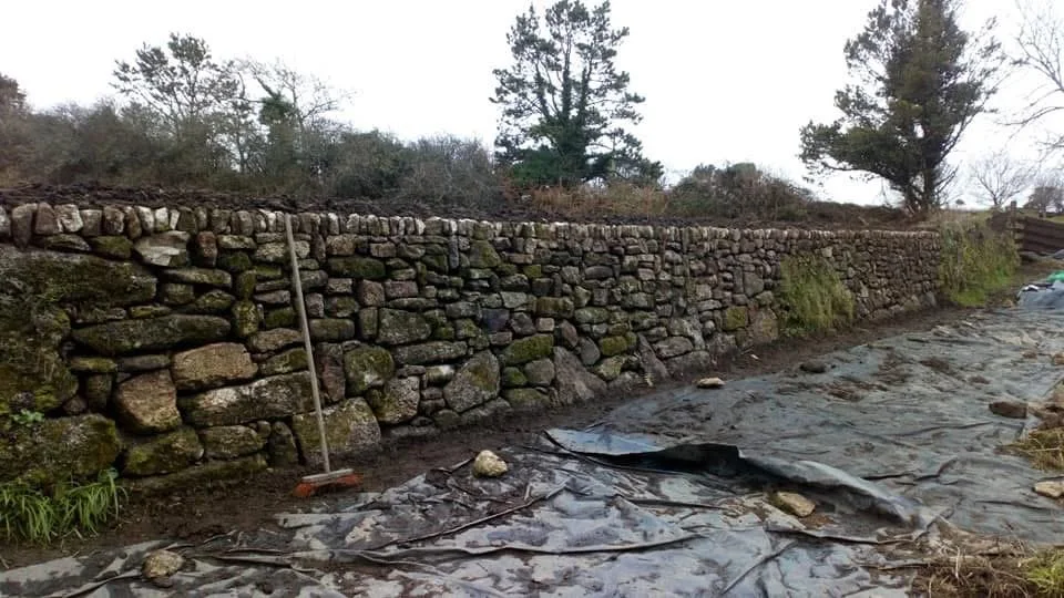 A stone retaining wall along a dirt path, with a garden rake leaning against it and a black tarp covering the ground, with some rocks and sticks on top of the tarp, in an outdoor setting with trees in the background.