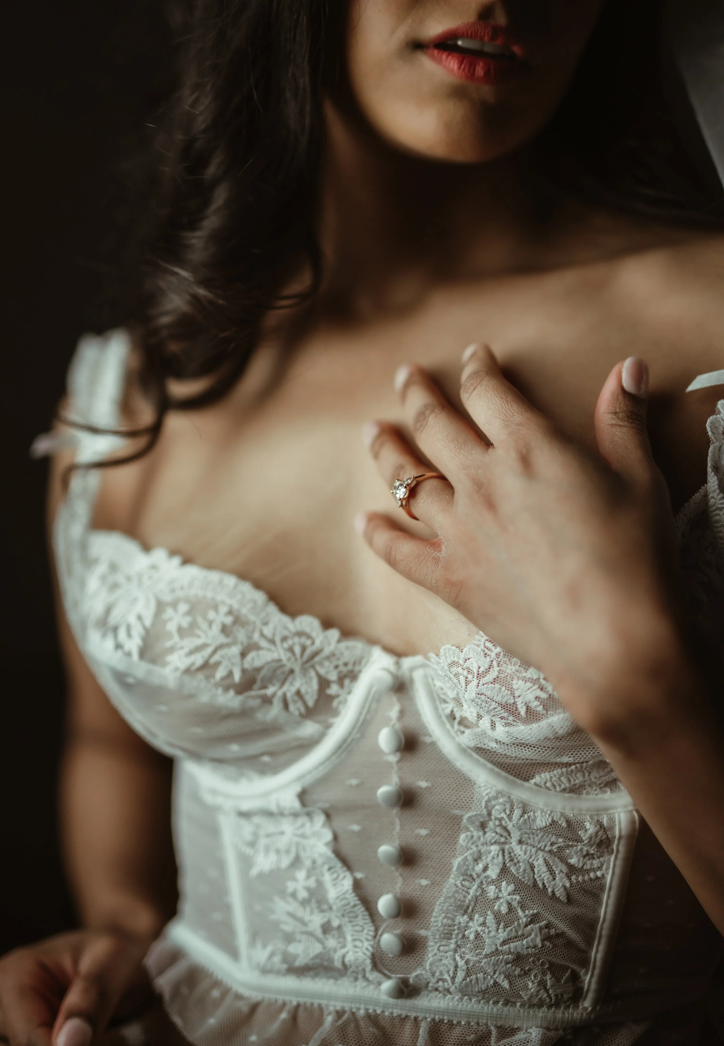 Close-up of a woman’s face and hand, showing red lipstick, with her hand touching her chest, wearing a white lace garment with buttons, and a ring with a gemstone on her finger.
