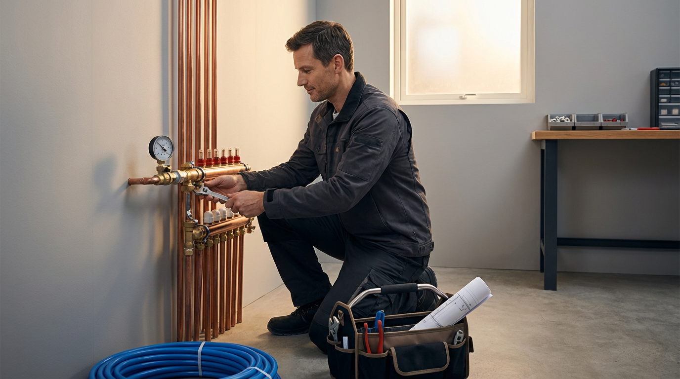 A man kneeling on the floor working on plumbing pipes in a room with a window. He has tools and blue tubing nearby.