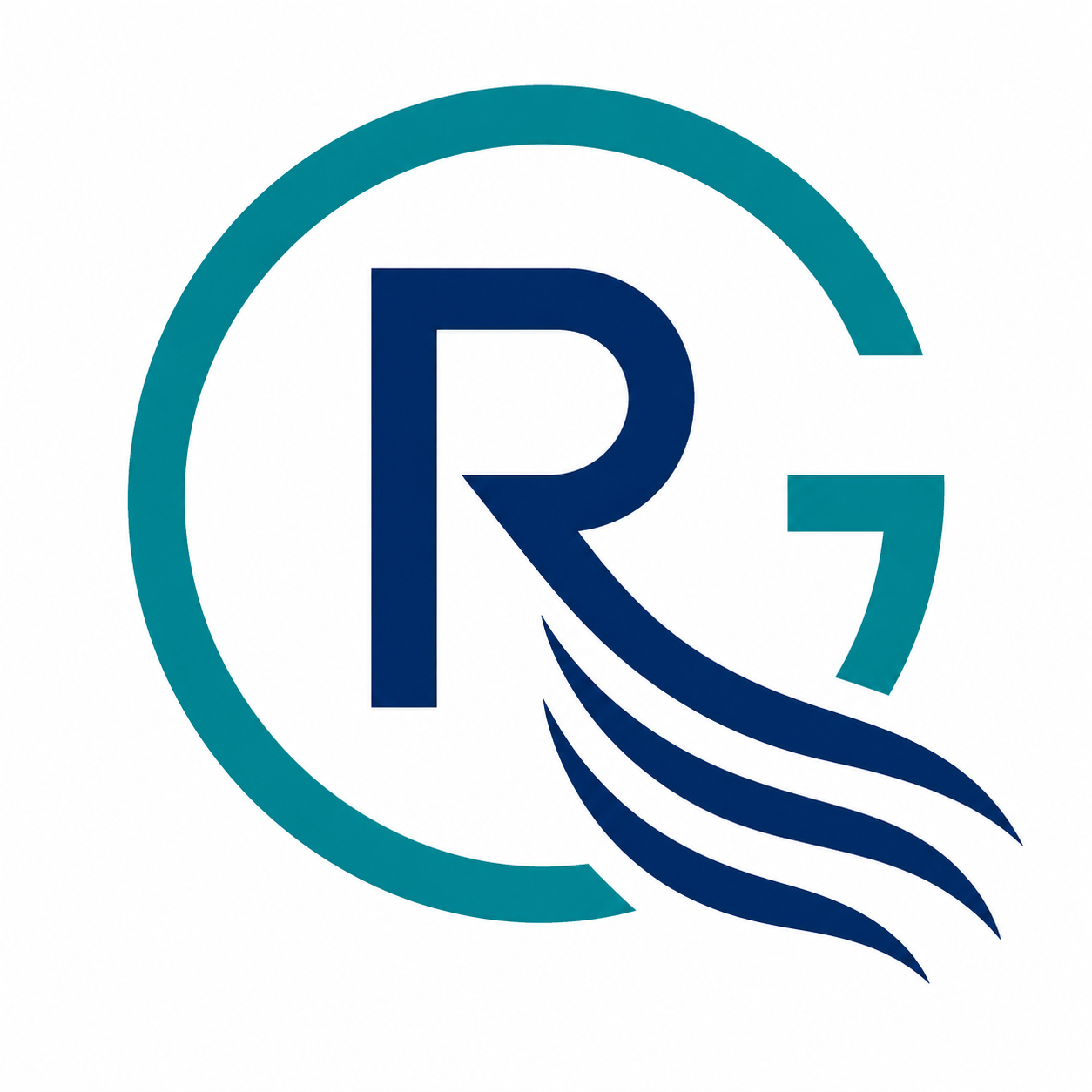 Logo featuring a large blue letter R with three curved lines beneath it, inside a circle with a gradient from teal to blue.