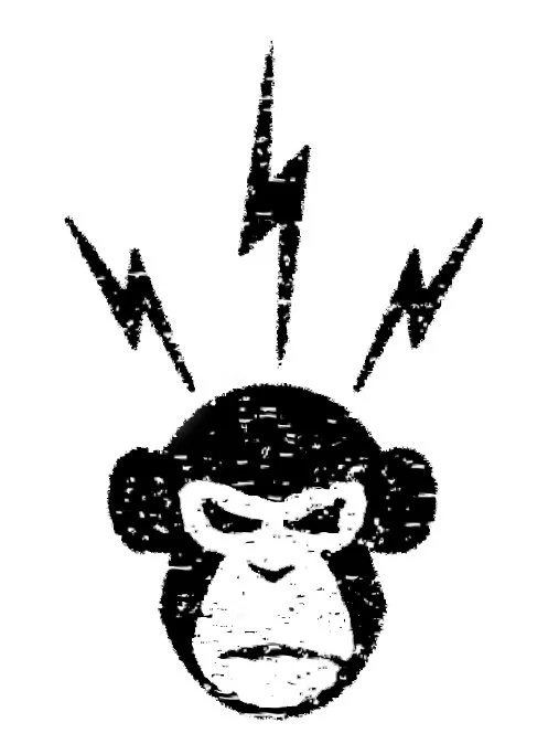 A stylized black and white illustration of a monkey's face wearing a mask, with three lightning bolts pointing upward from its head.
