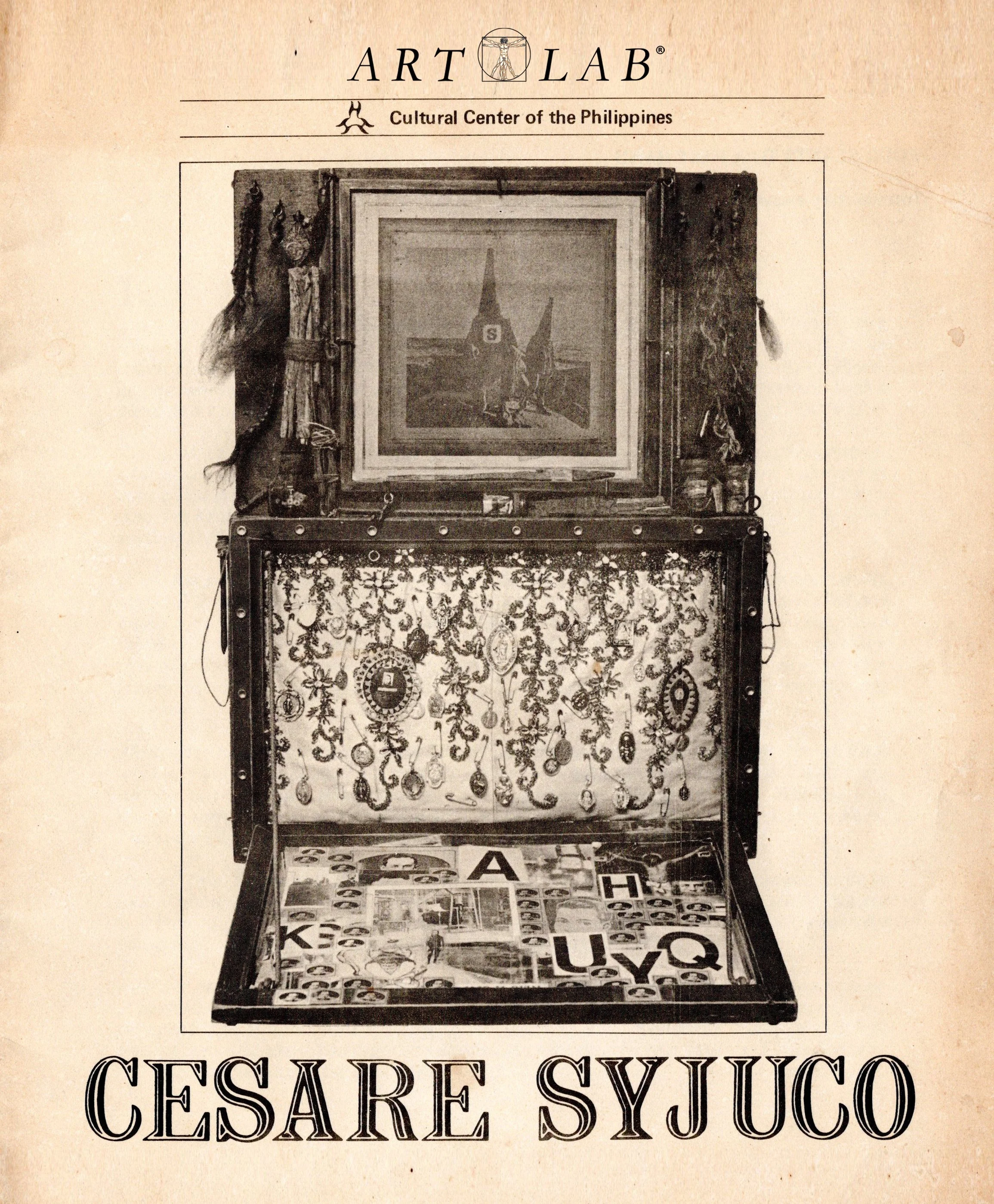 A vintage advertisement or display featuring the text 'CESAREE SYJUCO' with an image of a cabinet filled with jewelry or small objects and letters and images arranged on the floor in front of it.