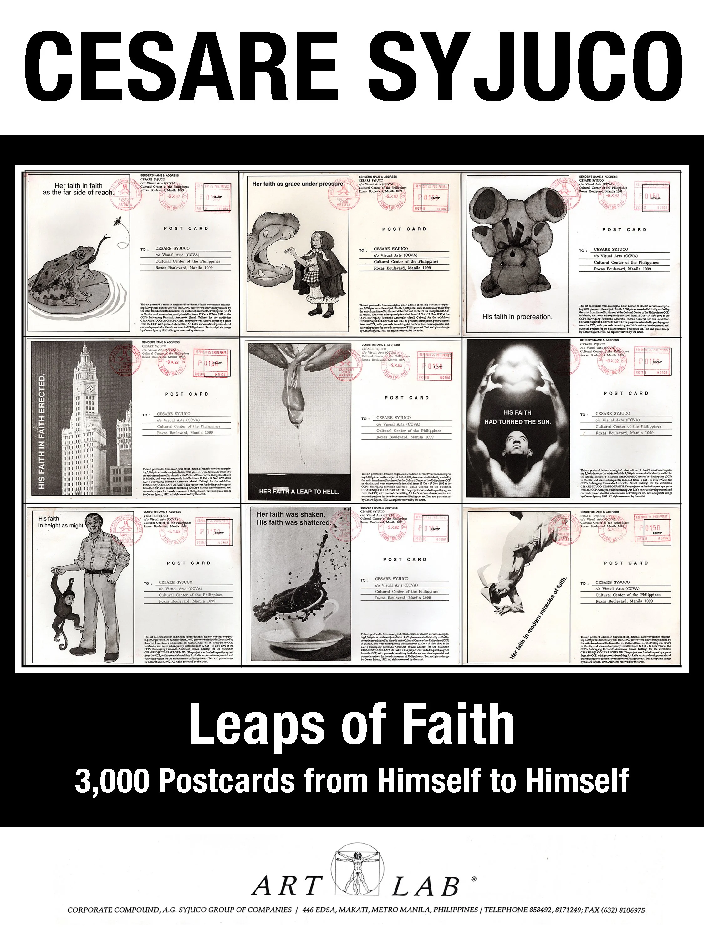 A collage of black and white postcards showing various artistic images and quotes about faith, with text indicating it is a collection of 3,000 postcards from himself to himself, titled 'Leaps of Faith' by Art Lab.