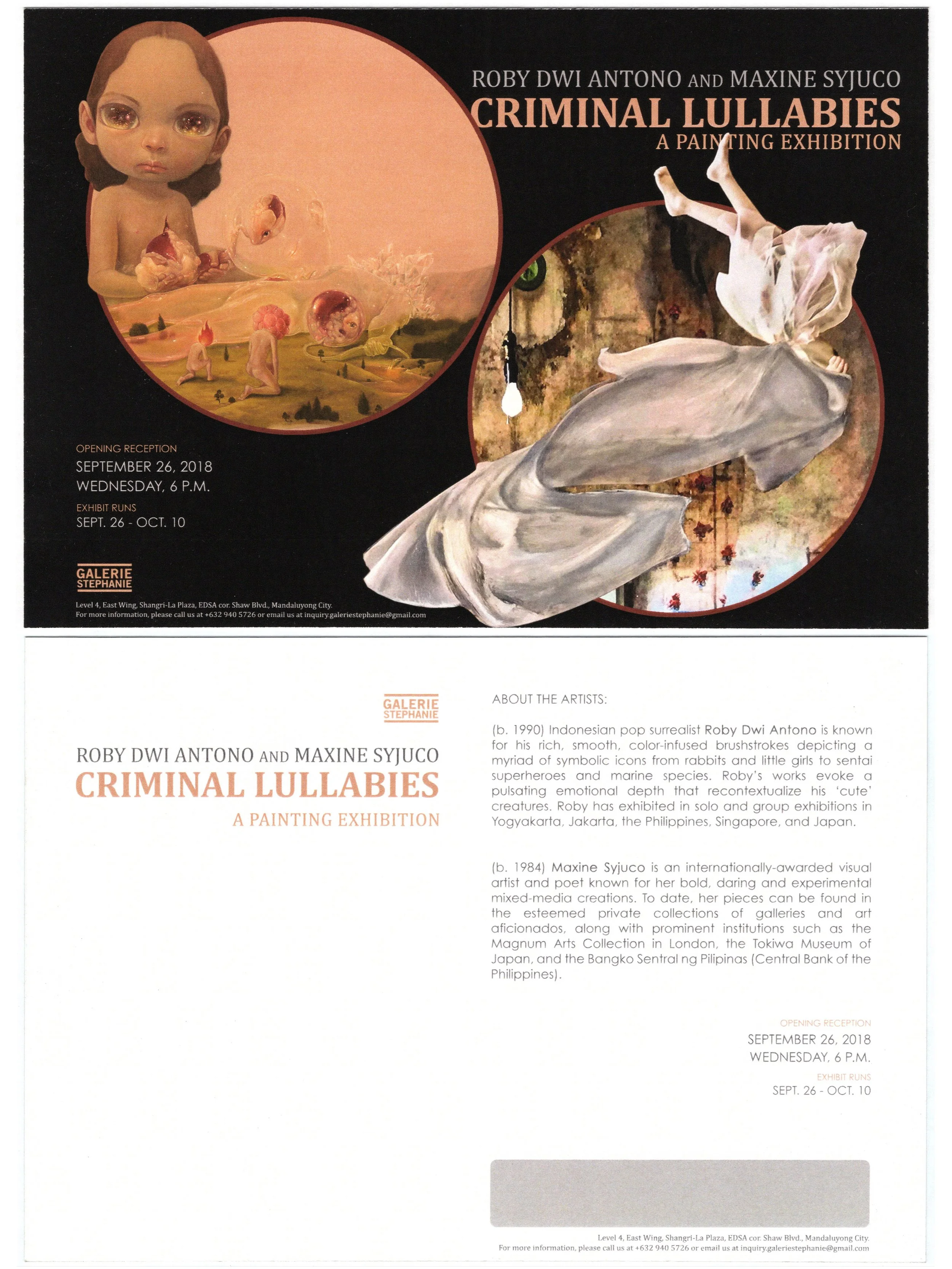 Maxine Syjuco • Roby Dwi Antono: "Criminal Lullabies (A Painting Exhibition)", Galerie Stephanie (2018)