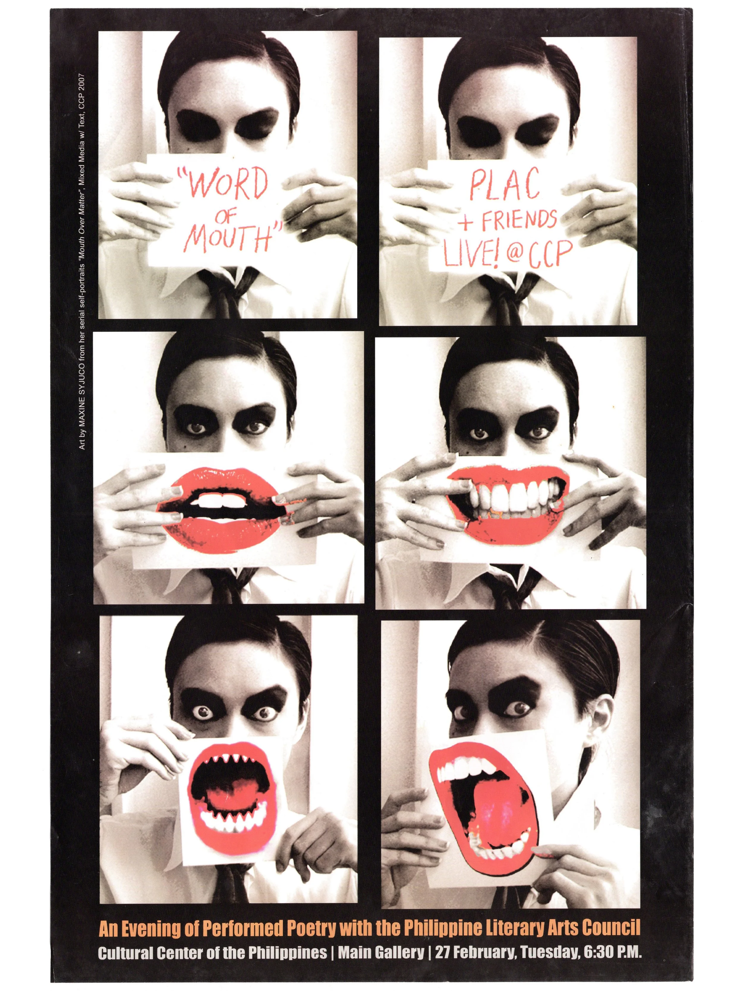 Cesare A.X Syjuco • Jean Marie Syjuco • Maxine Syjuco: "An Evening of Performed Poetry with the Philippine Literary Arts Council", Cultural Center of the Philippines (2007) - Design by Maxine Syjuco from her serial self-portraits "Mouth Over Matter, 