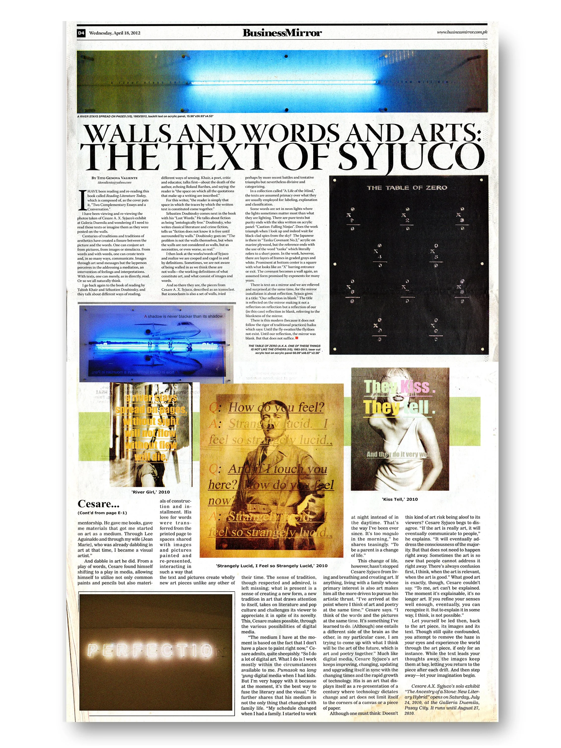 cesare a.x. Syjuco - comeback art exhibit - literary hybrids - 2004 - cultural center of the Philippines - ccp - poetry and visual art - curated by Jean Marie Syjuco and Sid Gomez hildawa - newspaper feature - the text of Syjuco