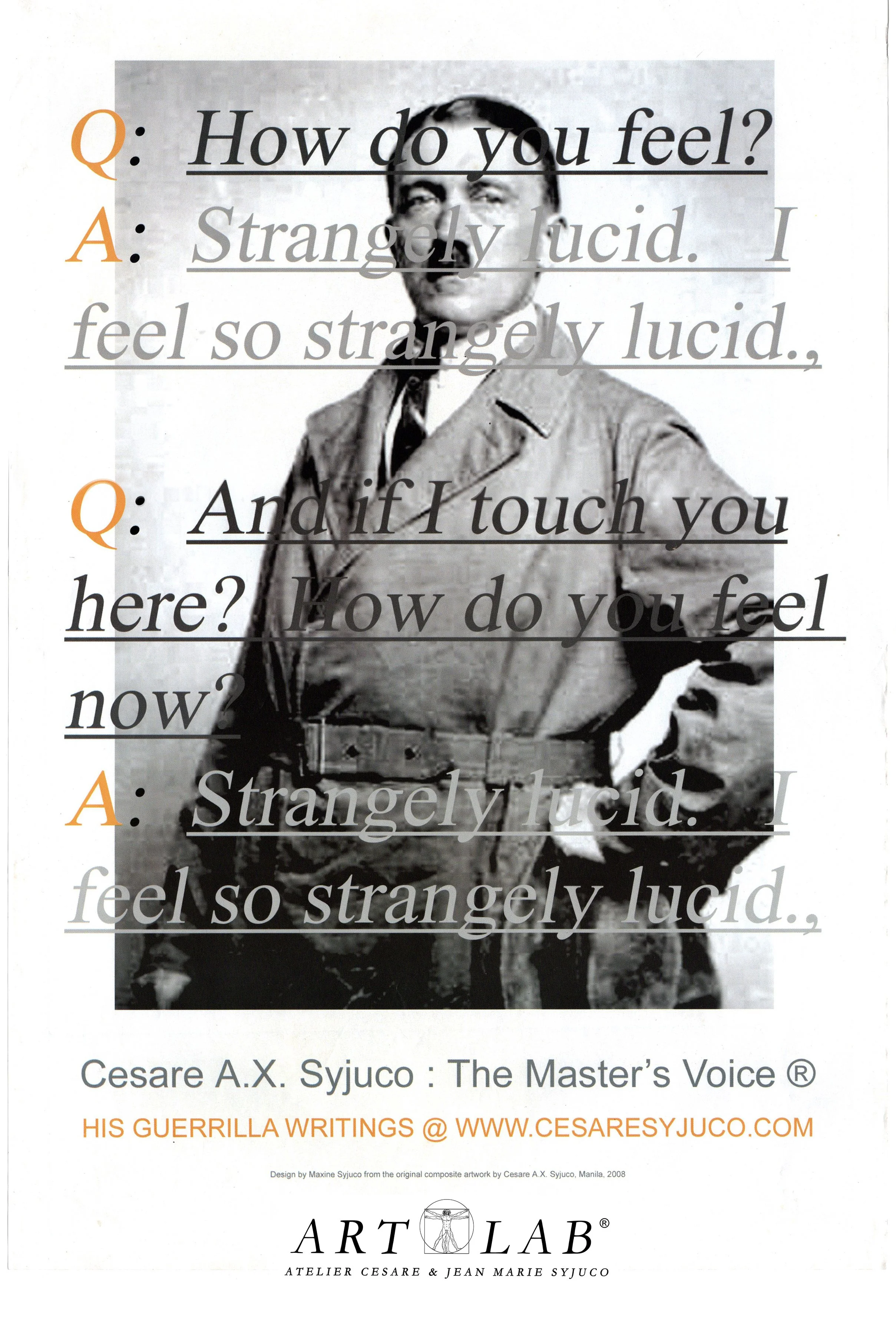 Cesare A.X. Syjuco art poster for "The Master's Voice: His Guerrilla Writings" featuring an artwork from his Literary Hybrids series. Art Lab: The Syjuco Museum. Library and Archives Collection.