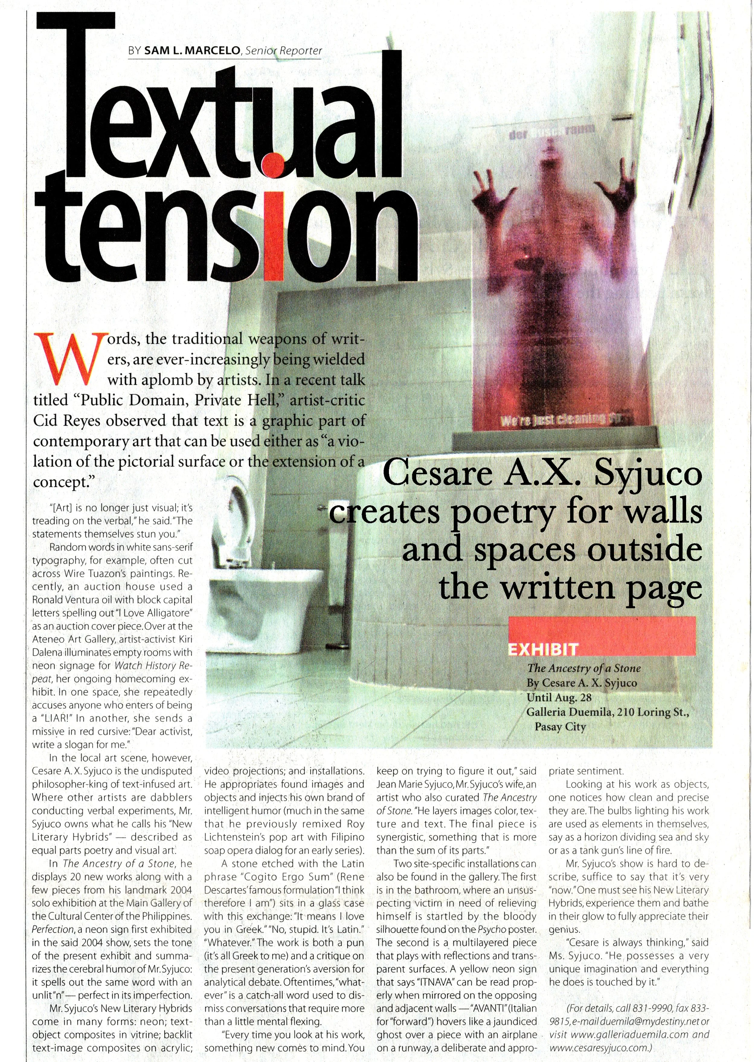 A newspaper article titled 'Textual Tension' by Sam L. Marcelo, with an image of a transparent wall displaying a nude figure with hands pressed against the glass, and a caption for an exhibit by Cesare A.X. Syjuco about poetry for walls and spaces ou